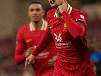 Liverpool's Curtis Jones celebrates after scoring their second goal during the Premier League match between Liverpool and Chelsea at Anfield...