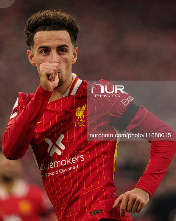 Liverpool's Curtis Jones celebrates after scoring their second goal during the Premier League match between Liverpool and Chelsea at Anfield...