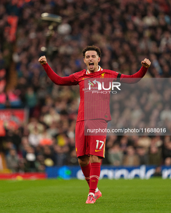 Liverpool's Curtis Jones celebrates after scoring their second goal during the Premier League match between Liverpool and Chelsea at Anfield...