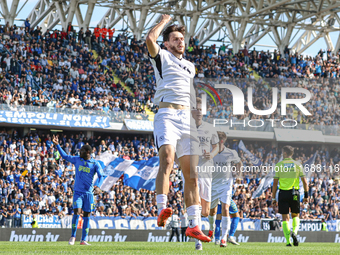 Khvicha Kvaratskhelia celebrates with teammates after scoring a goal during the Serie A TIM match between Empoli FC and SSC Napoli in Empoli...