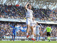 Khvicha Kvaratskhelia celebrates with teammates after scoring a goal during the Serie A TIM match between Empoli FC and SSC Napoli in Empoli...