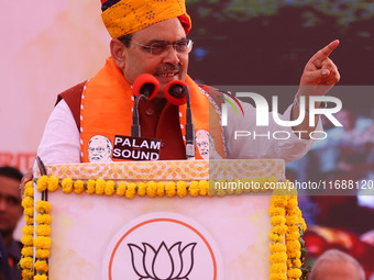 Rajasthan Chief Minister Bhajanlal Sharma speaks during a ceremony upon his return to India after concluding his visit to the UK to attract...