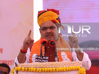 Rajasthan Chief Minister Bhajanlal Sharma speaks during a ceremony upon his return to India after concluding his visit to the UK to attract...