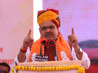 Rajasthan Chief Minister Bhajanlal Sharma speaks during a ceremony upon his return to India after concluding his visit to the UK to attract...