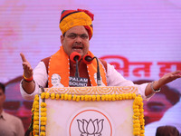 Rajasthan Chief Minister Bhajanlal Sharma speaks during a ceremony upon his return to India after concluding his visit to the UK to attract...