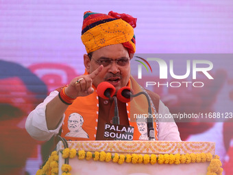 Rajasthan Chief Minister Bhajanlal Sharma speaks during a ceremony upon his return to India after concluding his visit to the UK to attract...