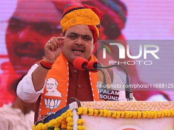 Rajasthan Chief Minister Bhajanlal Sharma speaks during a ceremony upon his return to India after concluding his visit to the UK to attract...