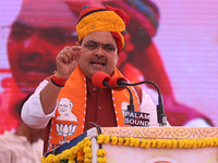 Rajasthan Chief Minister Bhajanlal Sharma speaks during a ceremony upon his return to India after concluding his visit to the UK to attract...