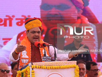 Rajasthan Chief Minister Bhajanlal Sharma speaks during a ceremony upon his return to India after concluding his visit to the UK to attract...