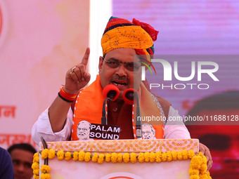 Rajasthan Chief Minister Bhajanlal Sharma speaks during a ceremony upon his return to India after concluding his visit to the UK to attract...