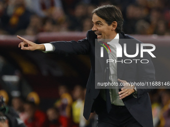 Simone Inzaghi coaches Inter during the Serie A soccer match between AS Roma and Inter FC at Stadio Olimpico in Rome, Italy, on October 20,...