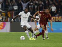 Inter's Marcus Thuram and Roma's Bryan Cristante participate in the Serie A soccer match between AS Roma and Inter FC at Stadio Olimpico in...