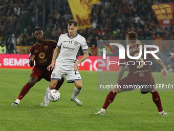 Roma's Kone Soule Malvano and Inter's Nicolo Barella participate in the Serie A soccer match between AS Roma and Inter FC at Stadio Olimpico...