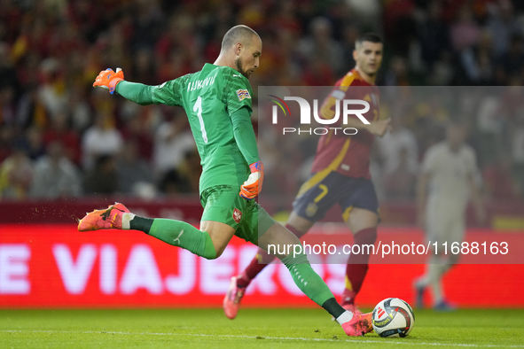 Predrag Rajkovic goalkeeper of Serbia and Al-Ittihad Club does passed during the UEFA Nations League 2024/25 League A Group A4 match between...