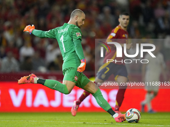 Predrag Rajkovic goalkeeper of Serbia and Al-Ittihad Club does passed during the UEFA Nations League 2024/25 League A Group A4 match between...