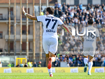 Khvicha Kvaratskhelia celebrates after scoring his team's goal during the Serie A match between Empoli FC and SSC Napoli in Empoli, Italy, o...