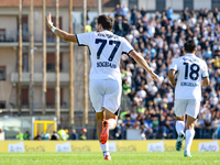 Khvicha Kvaratskhelia celebrates after scoring his team's goal during the Serie A match between Empoli FC and SSC Napoli in Empoli, Italy, o...