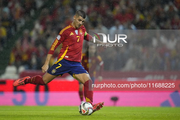 Alvaro Morata centre-forward of Spain and AC Milan shooting to goal during the UEFA Nations League 2024/25 League A Group A4 match between S...