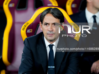 Simone Inzaghi head coach of FC Internazionale looks on during the Serie A Enilive match between AS Roma and FC Internazionale at Stadio Oli...