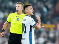 Lautaro Martinez of FC Internazionale argues with referee during the Serie A Enilive match between AS Roma and FC Internazionale at Stadio O...