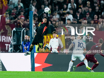 Mile Svilar of AS Roma during the Serie A Enilive match between AS Roma and FC Internazionale at Stadio Olimpico on October 20, 2024 in Rome...