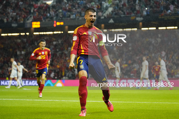 Alvaro Morata centre-forward of Spain and AC Milan celebrates after scoring his sides first goal during the UEFA Nations League 2024/25 Leag...