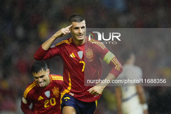 Alvaro Morata centre-forward of Spain and AC Milan celebrates after scoring his sides first goal during the UEFA Nations League 2024/25 Leag...