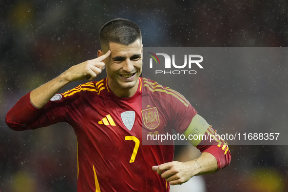 Alvaro Morata centre-forward of Spain and AC Milan celebrates after scoring his sides first goal during the UEFA Nations League 2024/25 Leag...