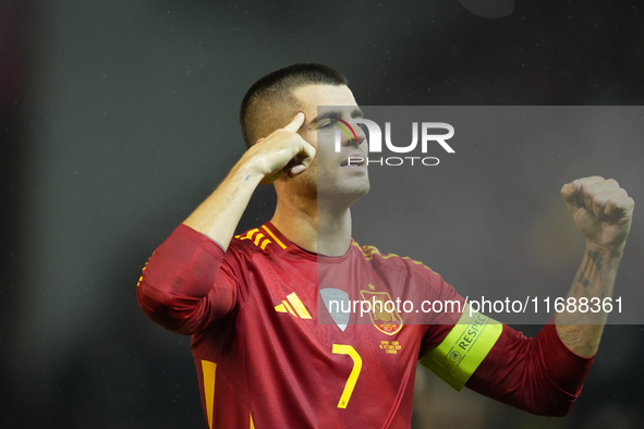  Alvaro Morata centre-forward of Spain and AC Milan celebrates after scoring his sides first goal during the UEFA Nations League 2024/25 Lea...