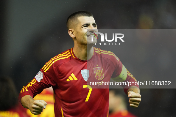 Alvaro Morata centre-forward of Spain and AC Milan celebrates after scoring his sides first goal during the UEFA Nations League 2024/25 Leag...