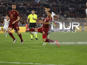 Inter's Lautaro Martinez scores their first goal during the Serie A soccer match between AS Roma and Inter FC at Stadio Olimpico in Rome, It...