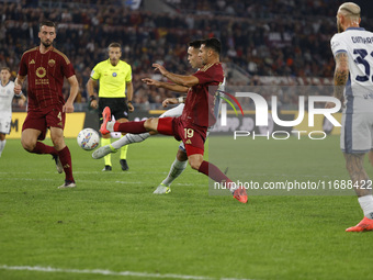 Inter's Lautaro Martinez scores their first goal during the Serie A soccer match between AS Roma and Inter FC at Stadio Olimpico in Rome, It...