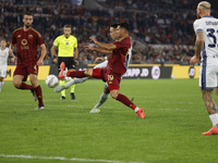 Inter's Lautaro Martinez scores their first goal during the Serie A soccer match between AS Roma and Inter FC at Stadio Olimpico in Rome, It...