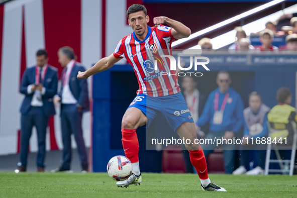 Clement Lenglet of Atletico de Madrid is in action with the ball during the La Liga EA Sports 2024/25 football match between Atletico de Mad...