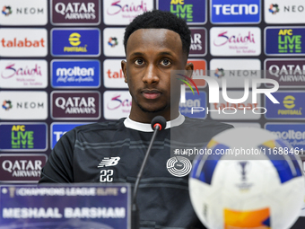 Al Sadd FC player Meshal Barsham attends a press conference at Jassim Bin Hamad Stadium in Doha, Qatar, on October 20, 2024, ahead of the AF...