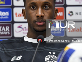 Al Sadd FC player Meshal Barsham attends a press conference at Jassim Bin Hamad Stadium in Doha, Qatar, on October 20, 2024, ahead of the AF...