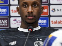 Al Sadd FC player Meshal Barsham attends a press conference at Jassim Bin Hamad Stadium in Doha, Qatar, on October 20, 2024, ahead of the AF...