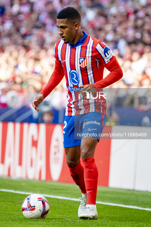 Samuel Lino of Atletico de Madrid is in action with the ball during the La Liga EA Sports 2024/25 football match between Atletico de Madrid...