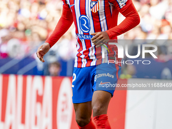 Samuel Lino of Atletico de Madrid is in action with the ball during the La Liga EA Sports 2024/25 football match between Atletico de Madrid...