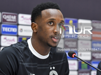 Al Sadd FC player Meshal Barsham attends a press conference at Jassim Bin Hamad Stadium in Doha, Qatar, on October 20, 2024, ahead of the AF...