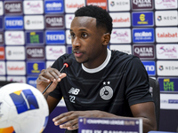 Al Sadd FC player Meshal Barsham attends a press conference at Jassim Bin Hamad Stadium in Doha, Qatar, on October 20, 2024, ahead of the AF...