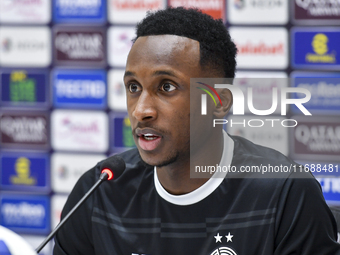 Al Sadd FC player Meshal Barsham attends a press conference at Jassim Bin Hamad Stadium in Doha, Qatar, on October 20, 2024, ahead of the AF...