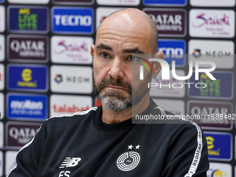 Felix Sanchez Bas, Head Coach of Al Sadd FC, attends a press conference at Jassim Bin Hamad Stadium in Doha, Qatar, on October 20, 2024, ahe...