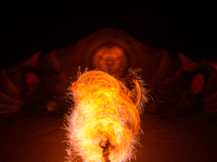 A Zoolians artist captivates the audience with a fiery performance during the closing show of '????????'?????: Arcanes' in the Arles arenas....