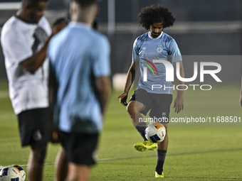 Akram Hassan Afif of Al Sadd FC participates in the training session at Jassim Bin Hamad Stadium in Doha, Qatar, on October 20, 2024, ahead...