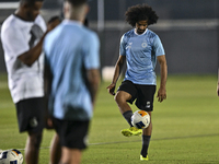 Akram Hassan Afif of Al Sadd FC participates in the training session at Jassim Bin Hamad Stadium in Doha, Qatar, on October 20, 2024, ahead...