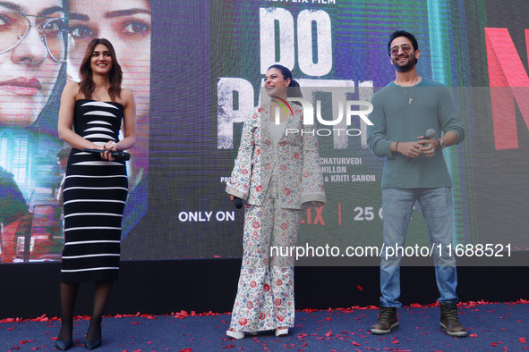 Bollywood actors Kirti Sanon, Kajol, and Shaheer Sheikh promote their upcoming film 'Do Patti' in Jaipur, Rajasthan, India, on October 21, 2...