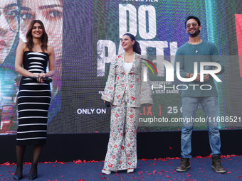 Bollywood actors Kirti Sanon, Kajol, and Shaheer Sheikh promote their upcoming film 'Do Patti' in Jaipur, Rajasthan, India, on October 21, 2...