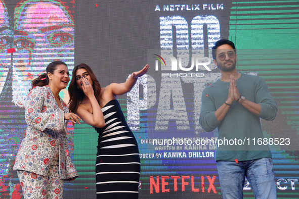 Bollywood actors Kajol, Kirti Sanon, and Shaheer Sheikh promote their upcoming film 'Do Patti' in Jaipur, Rajasthan, India, on October 21, 2...