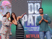 Bollywood actors Kajol, Kirti Sanon, and Shaheer Sheikh promote their upcoming film 'Do Patti' in Jaipur, Rajasthan, India, on October 21, 2...